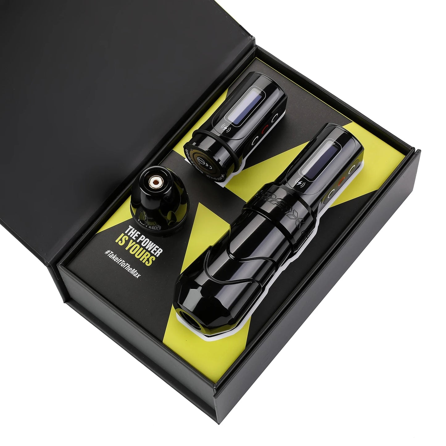 Photograph of a black 'Pen' type wireless machine details, featuring a 3.0 mm needle. The machine's box is opened, revealing its contents.