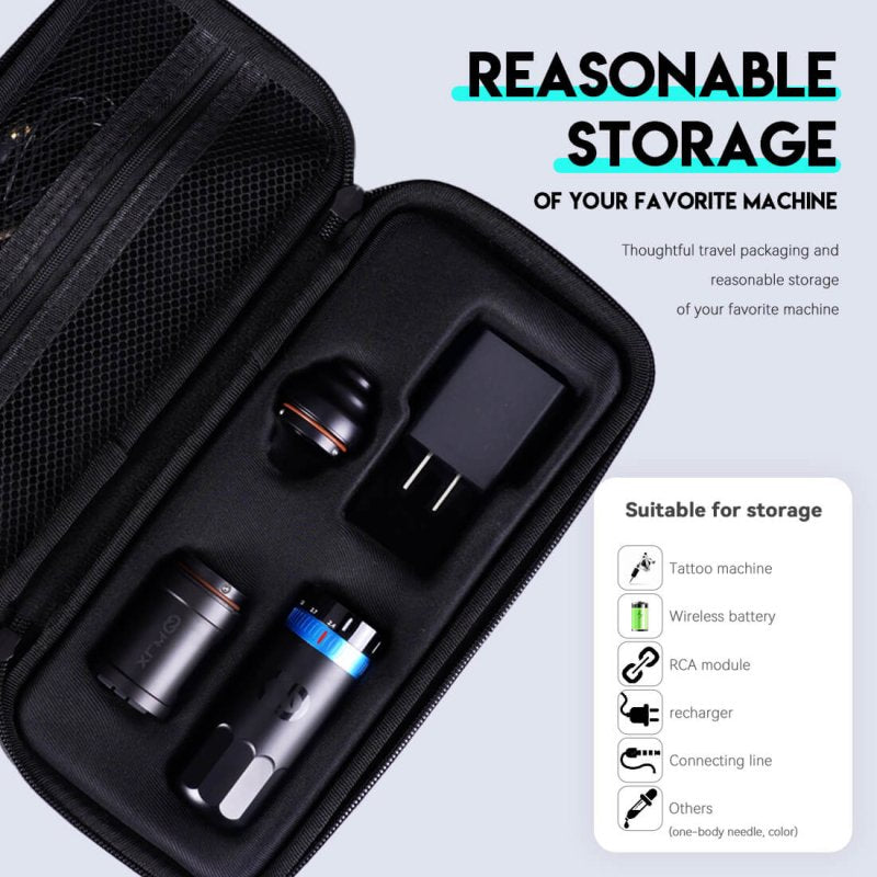 WJX W3 wireless tattoo pen machine in a custom-designed travel case for organized and secure storage.