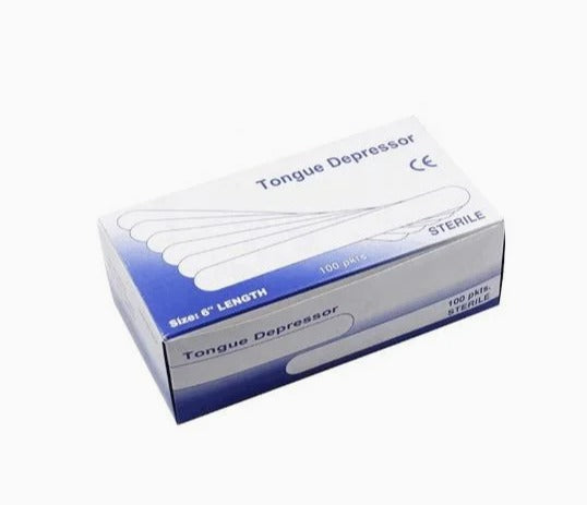 Pack of 100 individually wrapped wooden tongue depressors in hygienic packaging.