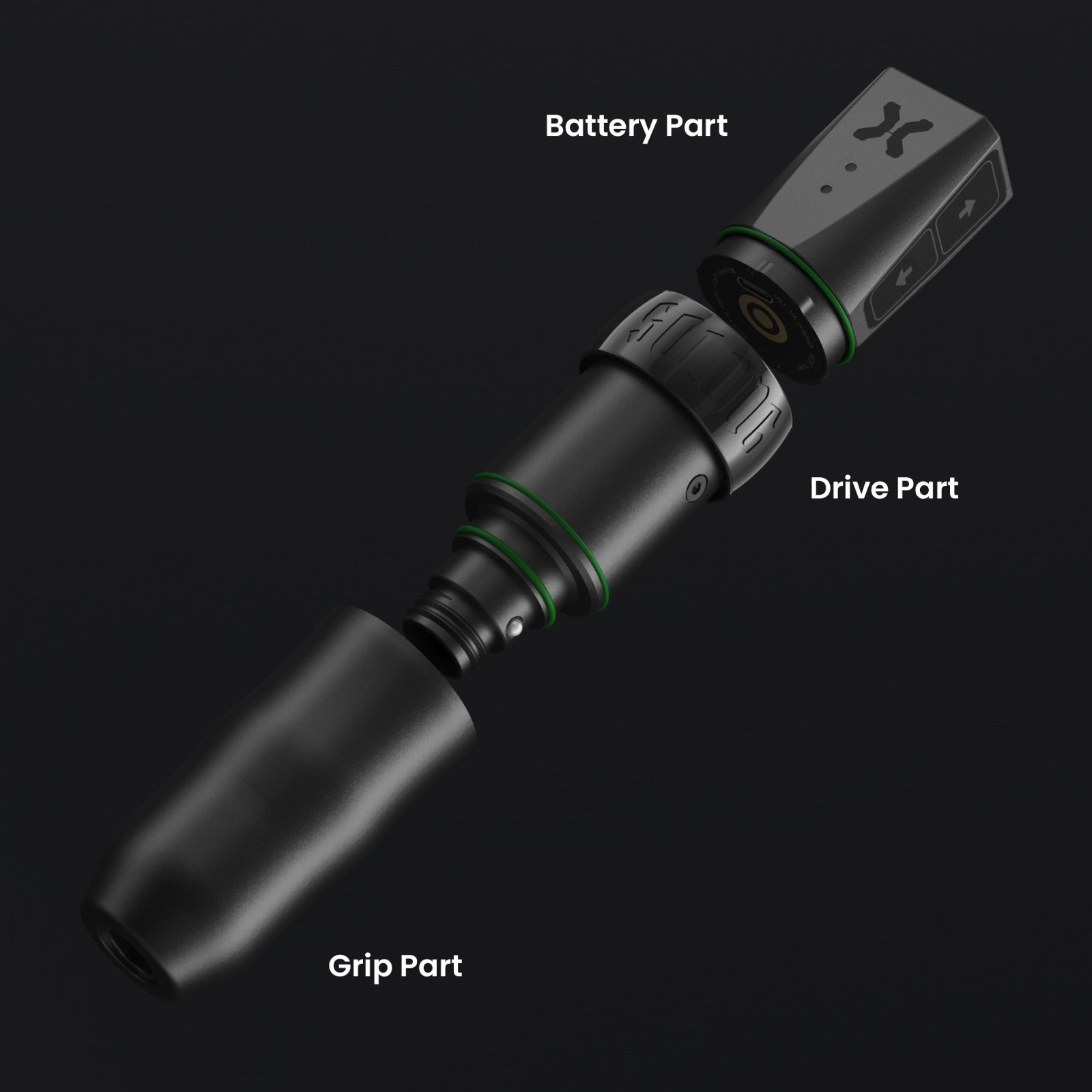 X-Strike Rotary Pen machine, front view highlighting its sleek design and aviation aluminum build.