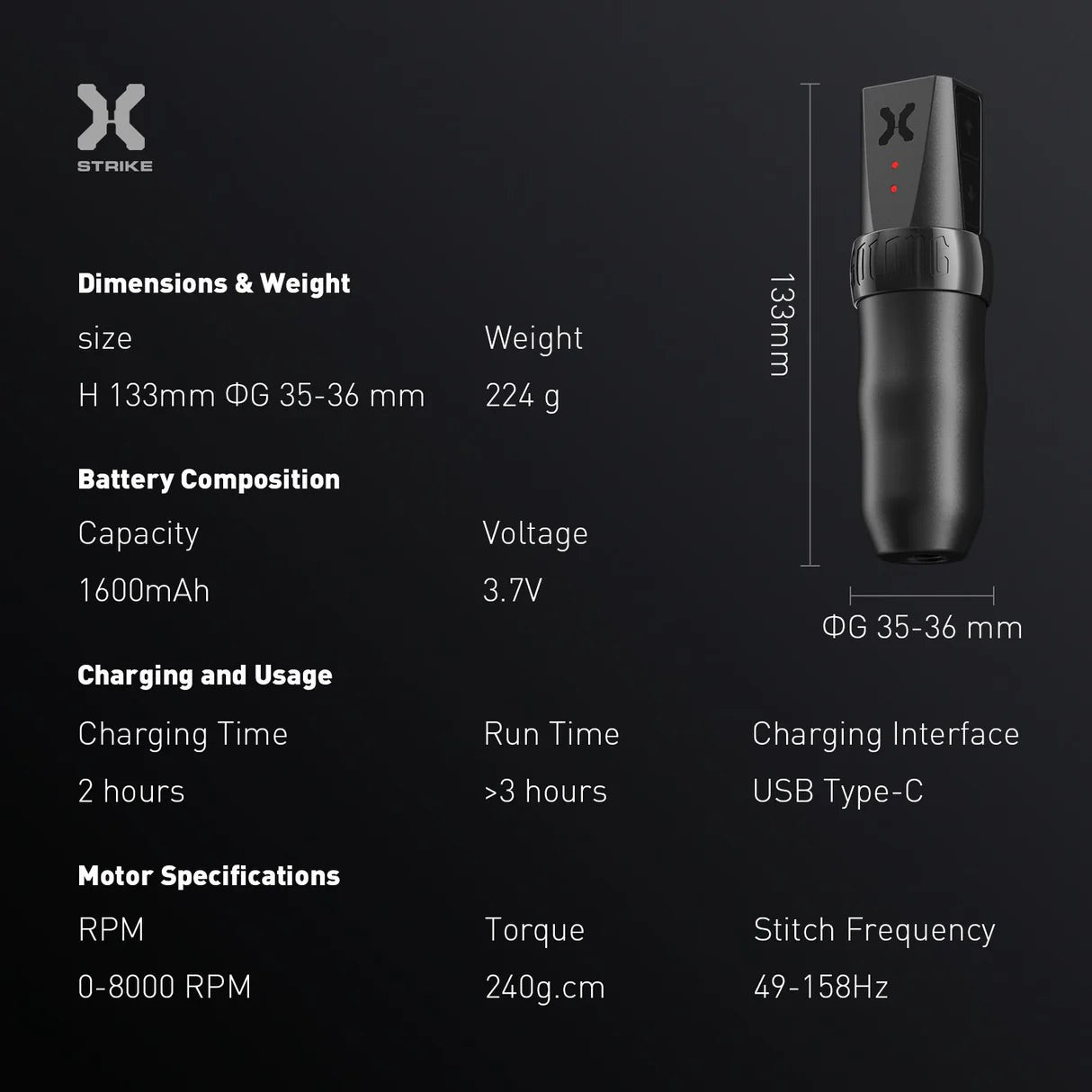 X-Strike tattoo machine battery performance, showcasing the 1600mAh lithium battery with fast charging and extended use.