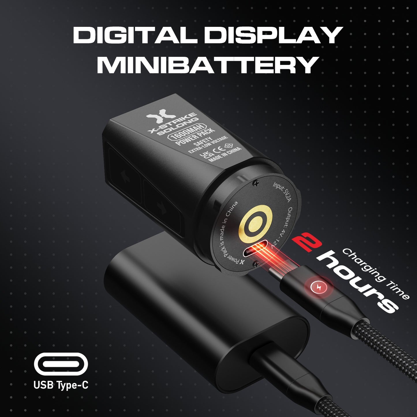 X-Strike packaging display with the tattoo pen, two batteries, and a travel case for professional convenience.