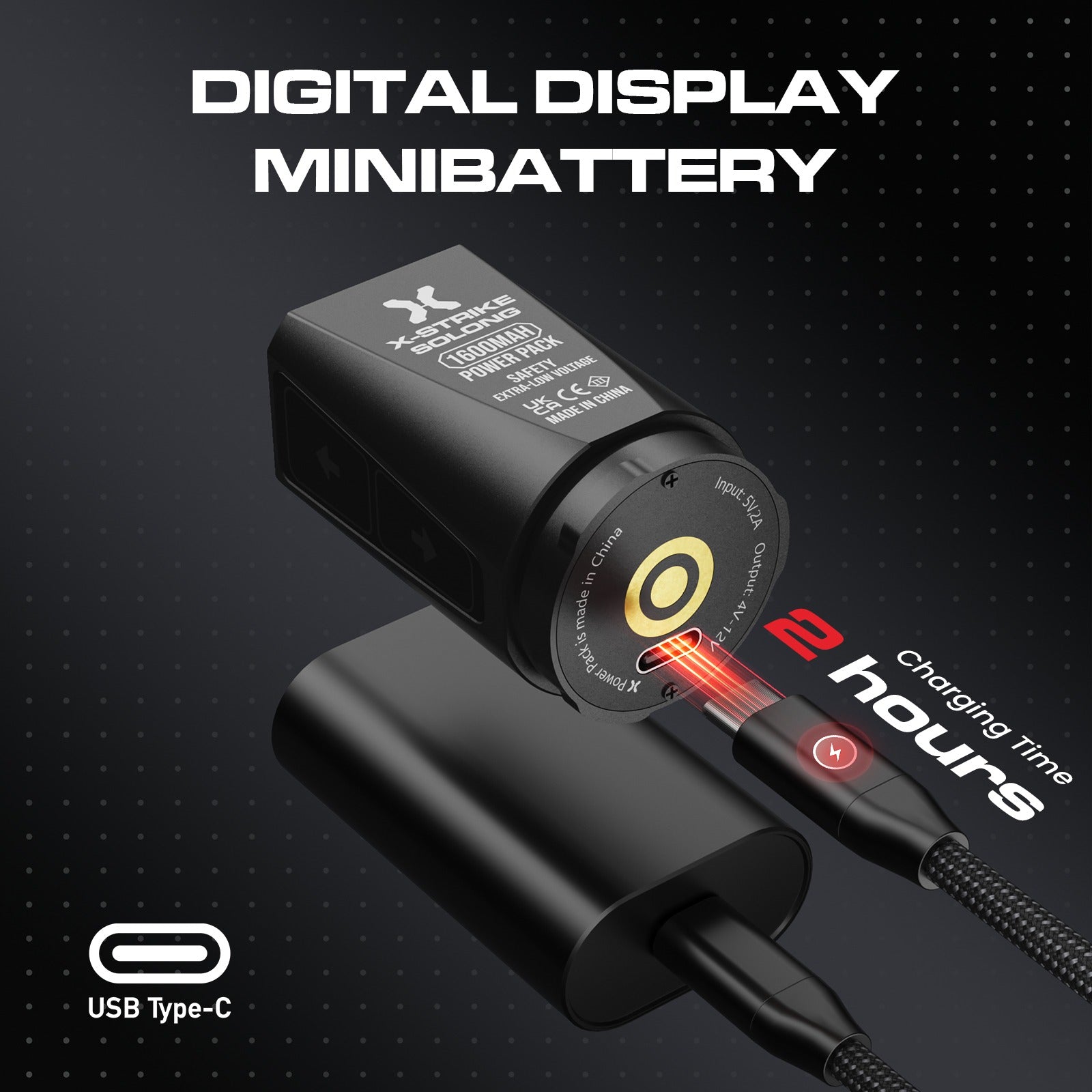 X-Strike packaging display with the tattoo pen, two batteries, and a travel case for professional convenience.