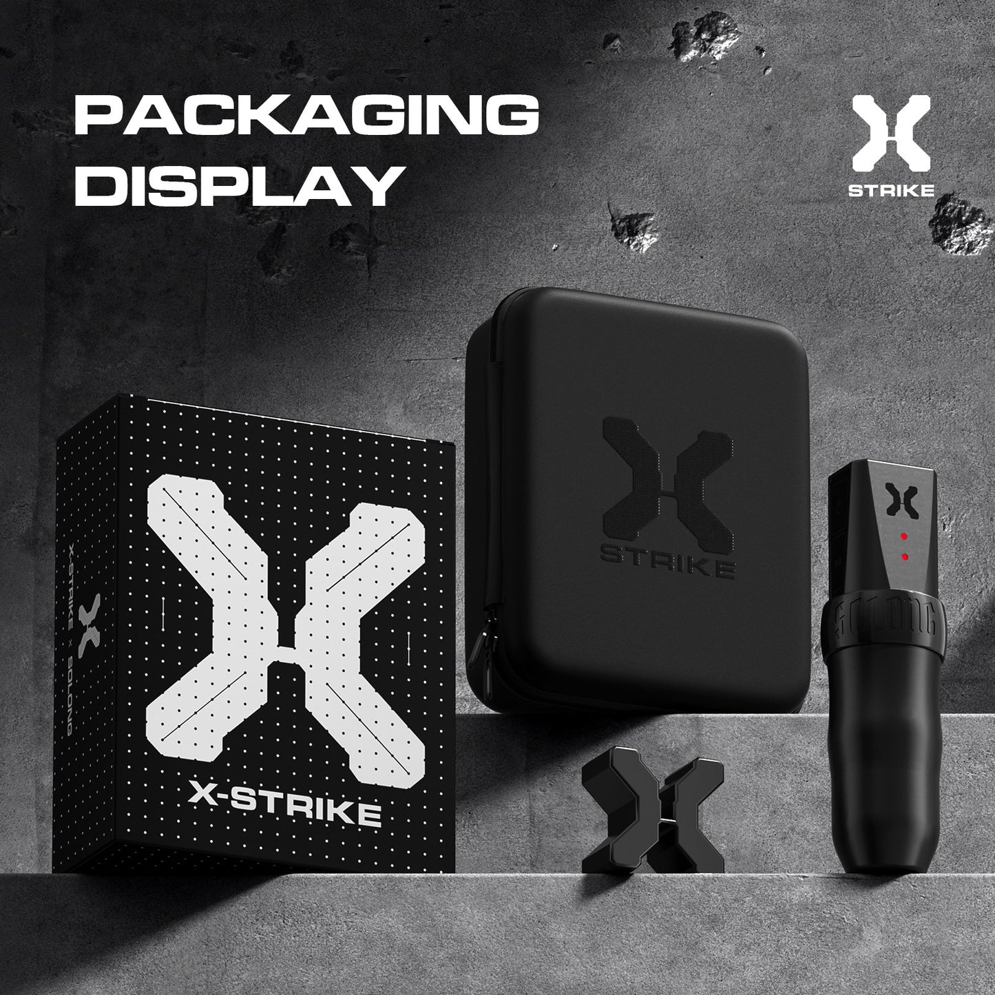 X-Strike packaging display with the tattoo pen, two batteries, and a travel case for professional convenience.
