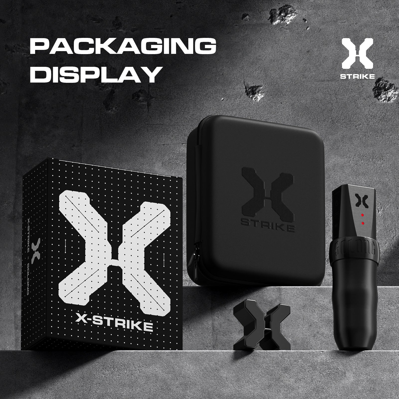 X-Strike packaging display with the tattoo pen, two batteries, and a travel case for professional convenience.