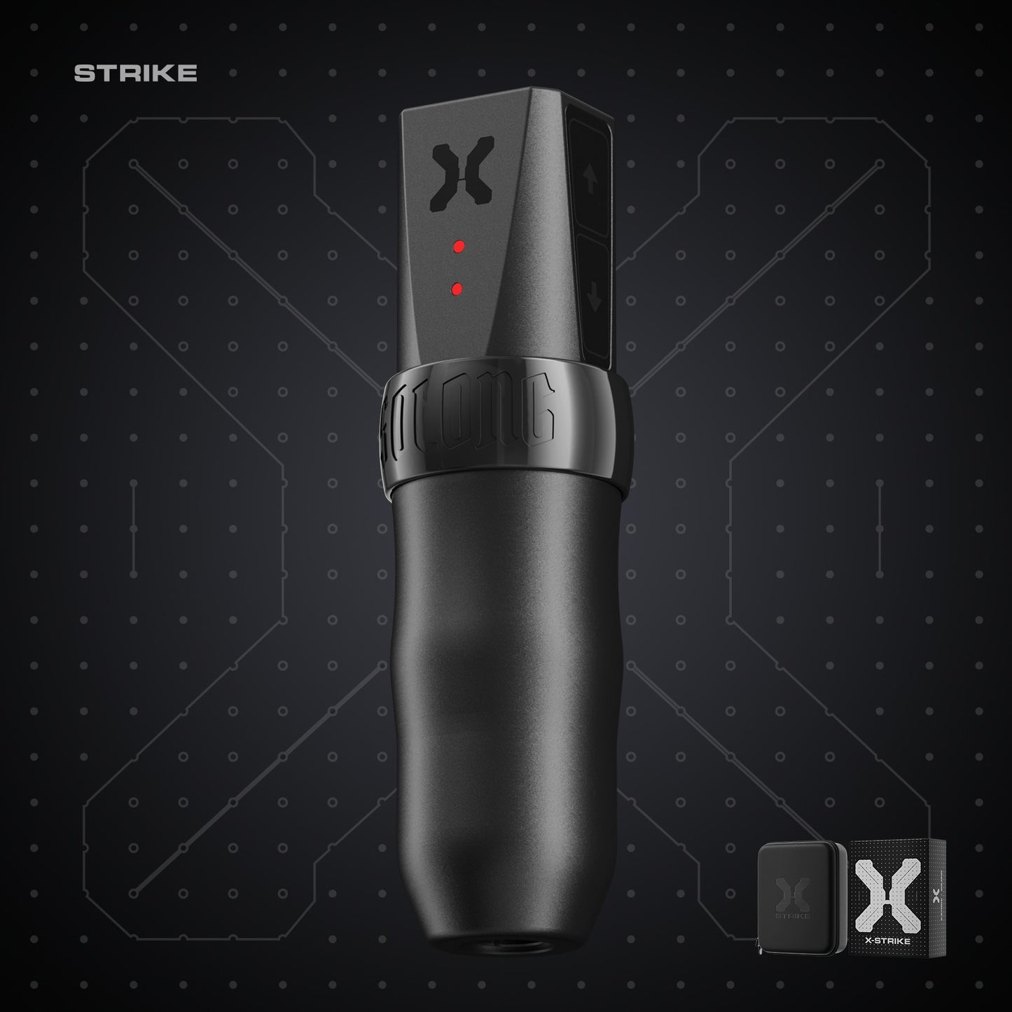 X-Strike Rotary Pen machine, front view highlighting its sleek design and aviation aluminum build.