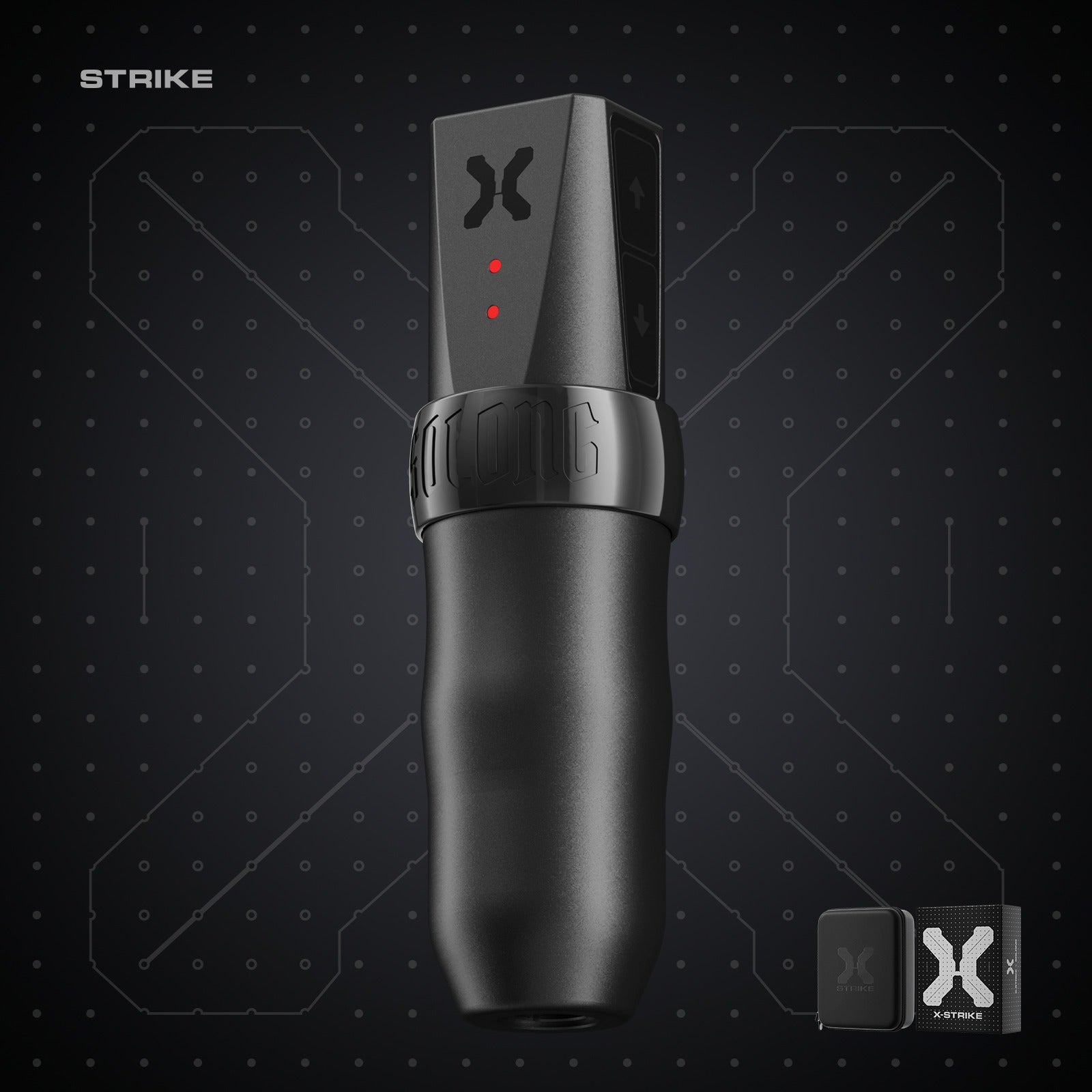 X-Strike Rotary Pen machine, front view highlighting its sleek design and aviation aluminum build.