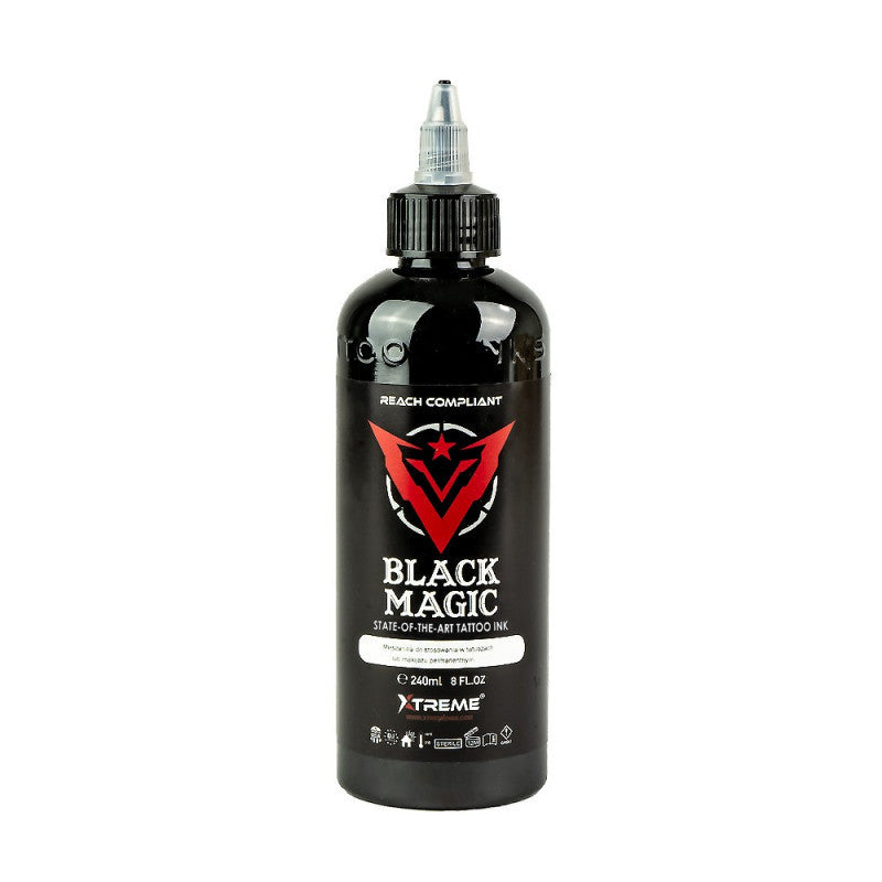 XTREME Ink Black Magic tattoo pigment, 240ml, REACH-compliant, offering high pigment concentration and smooth application for professional tattoo artists.