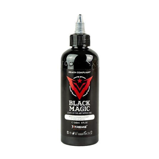 XTREME Ink Black Magic tattoo pigment, 240ml, REACH-compliant, offering high pigment concentration and smooth application for professional tattoo artists.