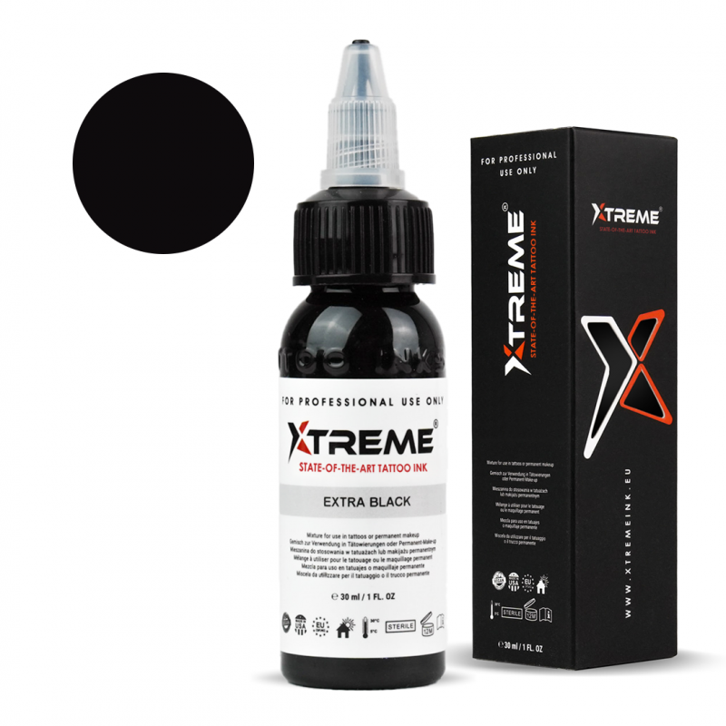 Xtreme Ink Extra Black, ideal for bold outlines and shading, REACH compliant tattoo ink in 30ml.