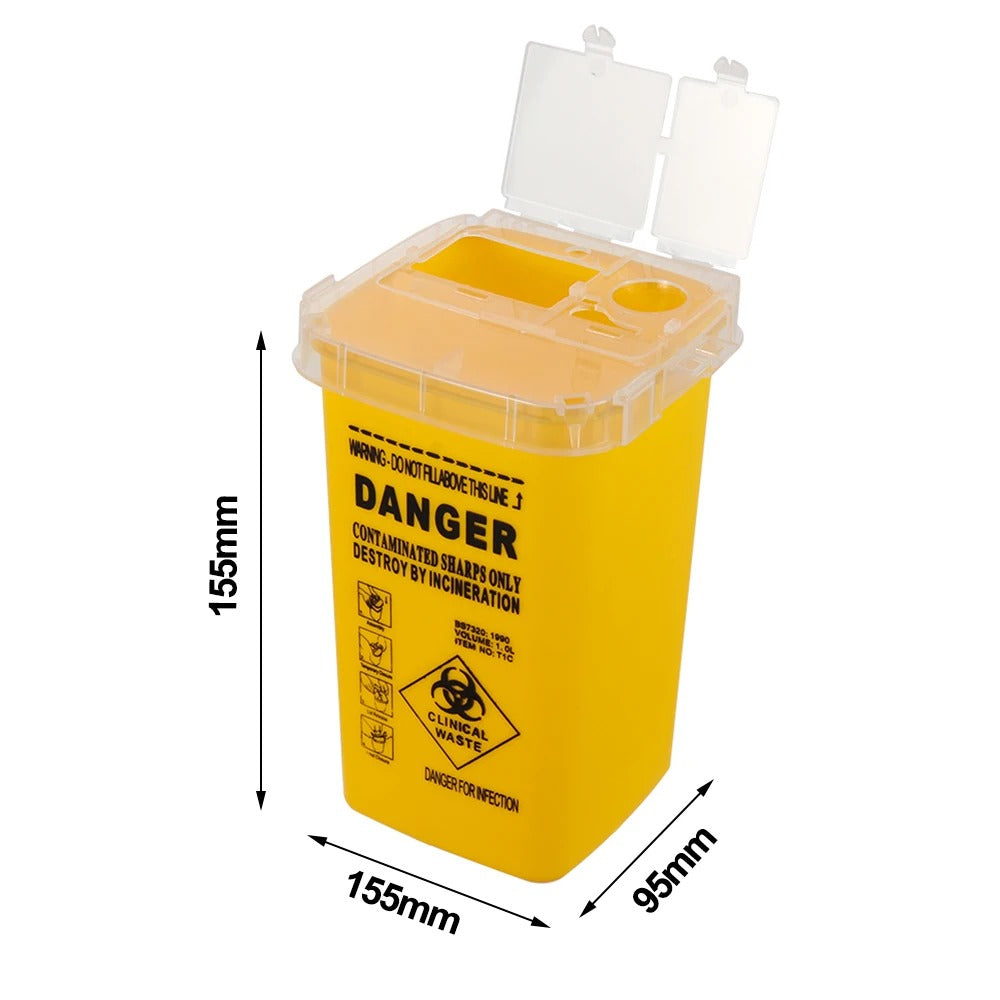 Yellow biohazard container for medical waste disposal with dimensions: 155mm height, 155mm width, 95mm depth.
