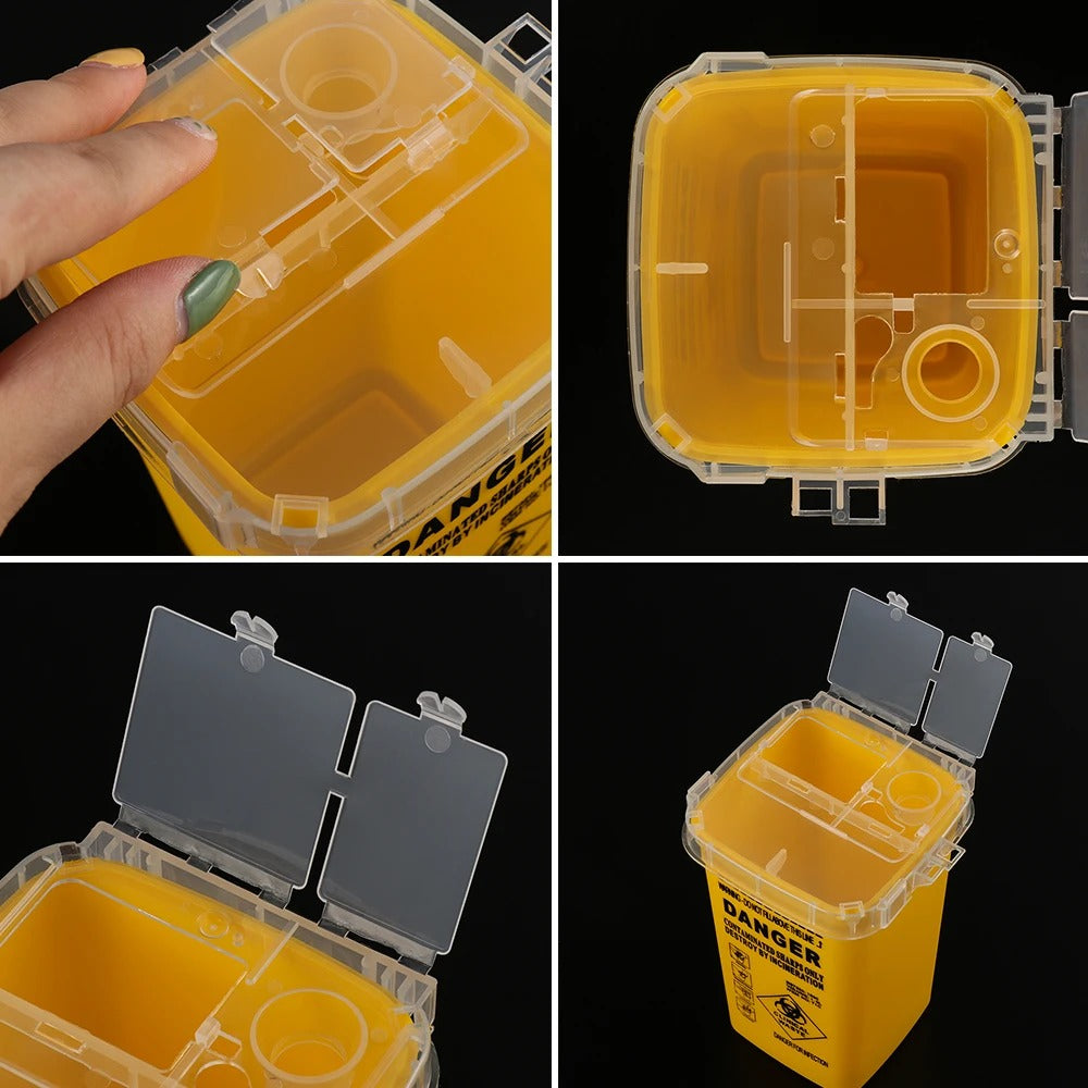Close-up of a yellow biohazard container showing the lid compartments and opening mechanism.