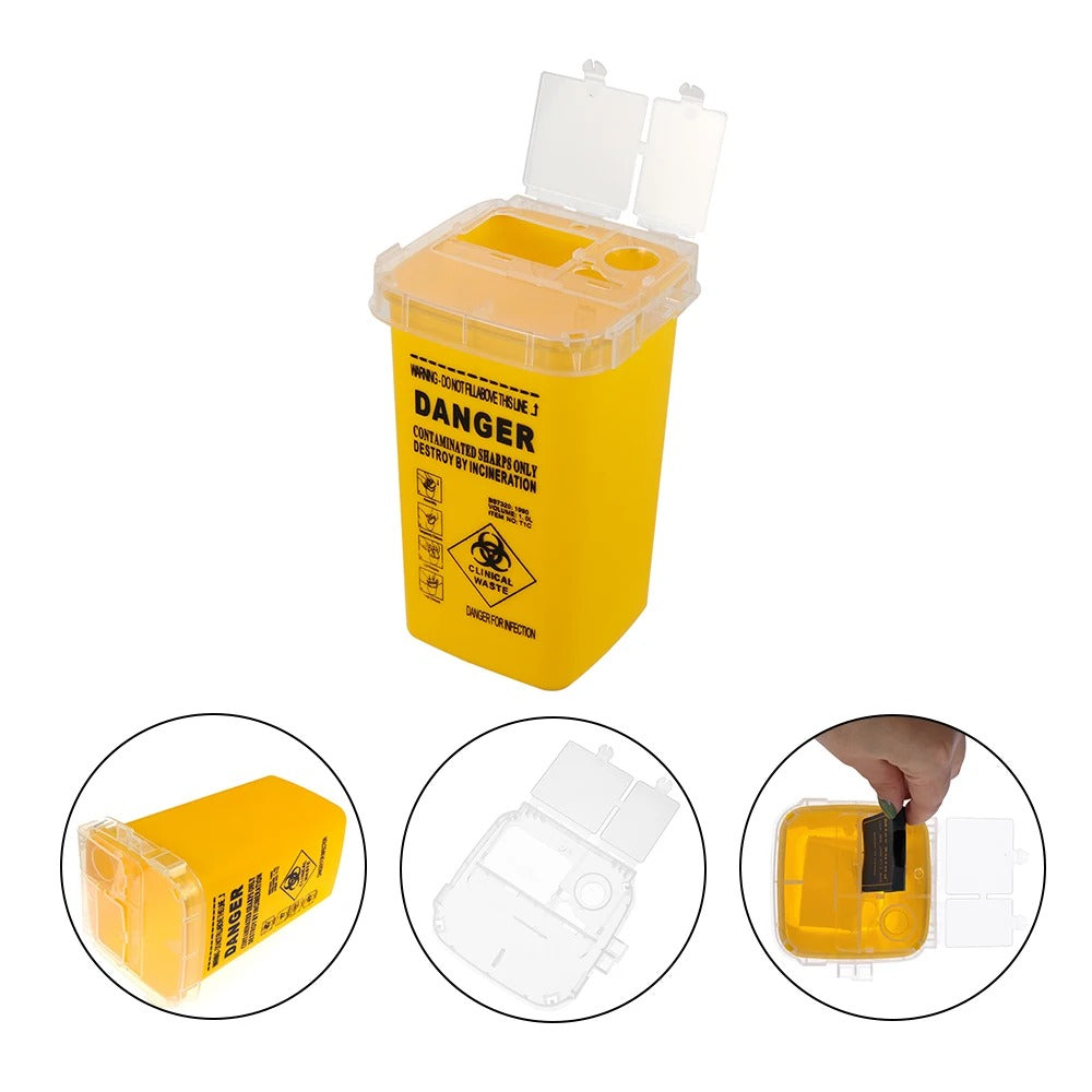 Yellow biohazard container with multiple views, featuring a razor blade disposal slot and open lid.