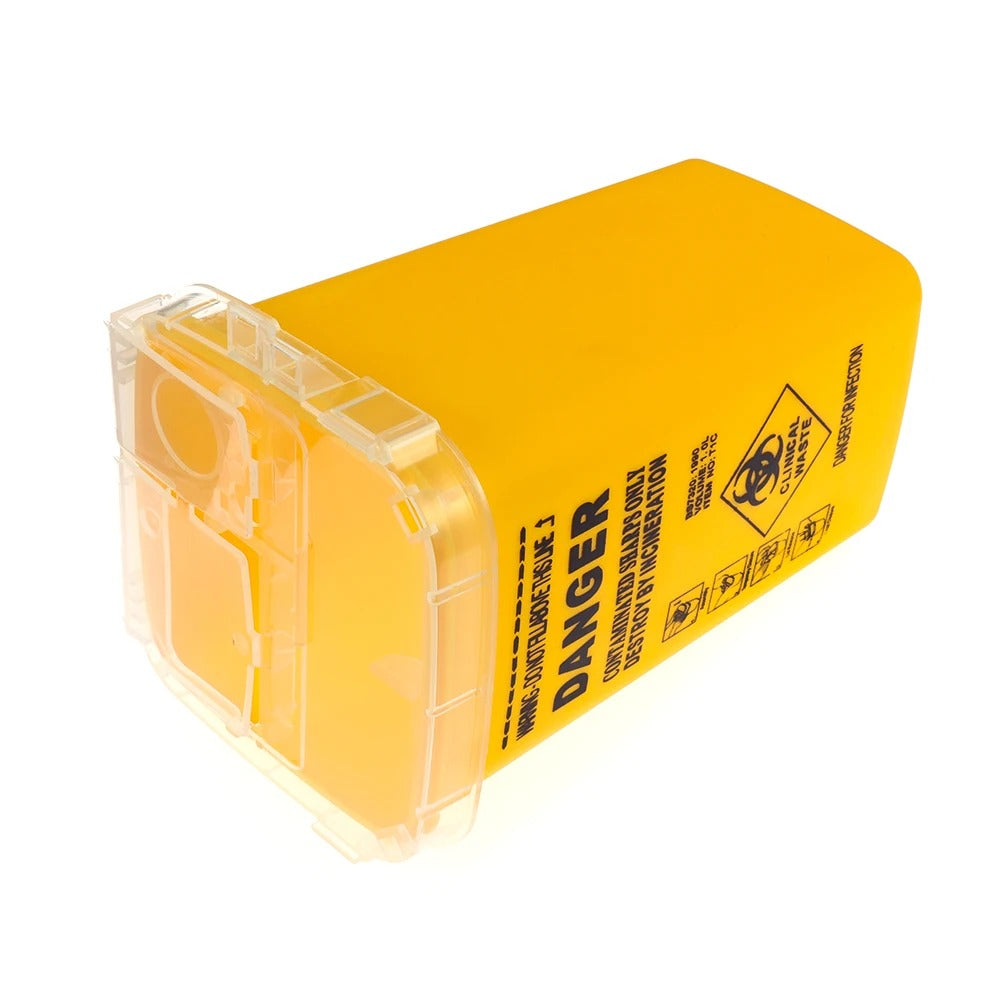 Side view of a yellow biohazard container for medical waste disposal with transparent lid.