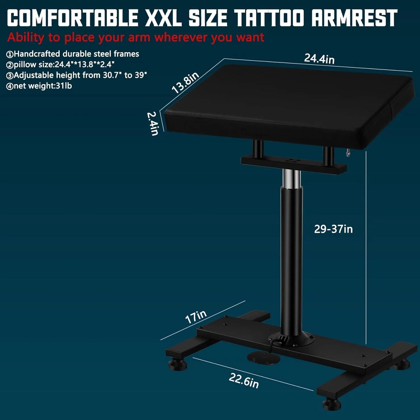 Adjustable tattoo armrest in XL size with a padded leather cushion and sturdy iron stand. Designed for professional tattooing comfort and stability.