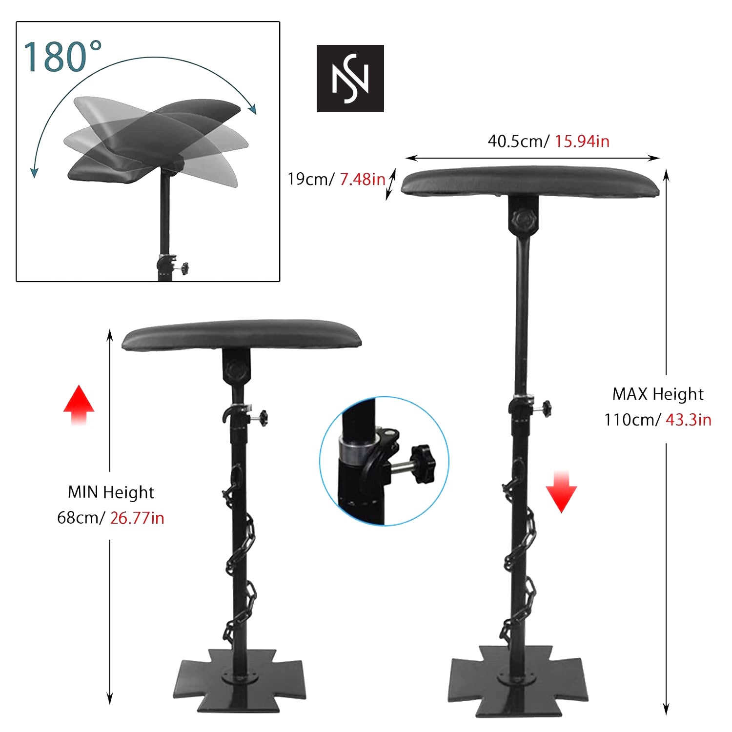 Adjustable armrest shown at various angles, highlighting the 180-degree cushion rotation.