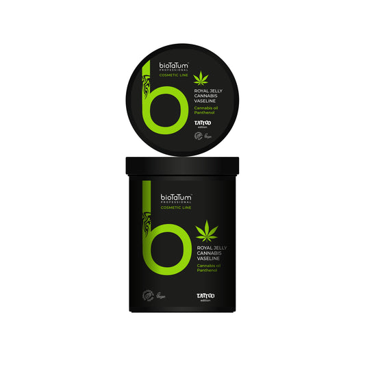 BioTaTum tattoo vaseline with cannabis oil, designed for soothing skin during long tattoo sessions.