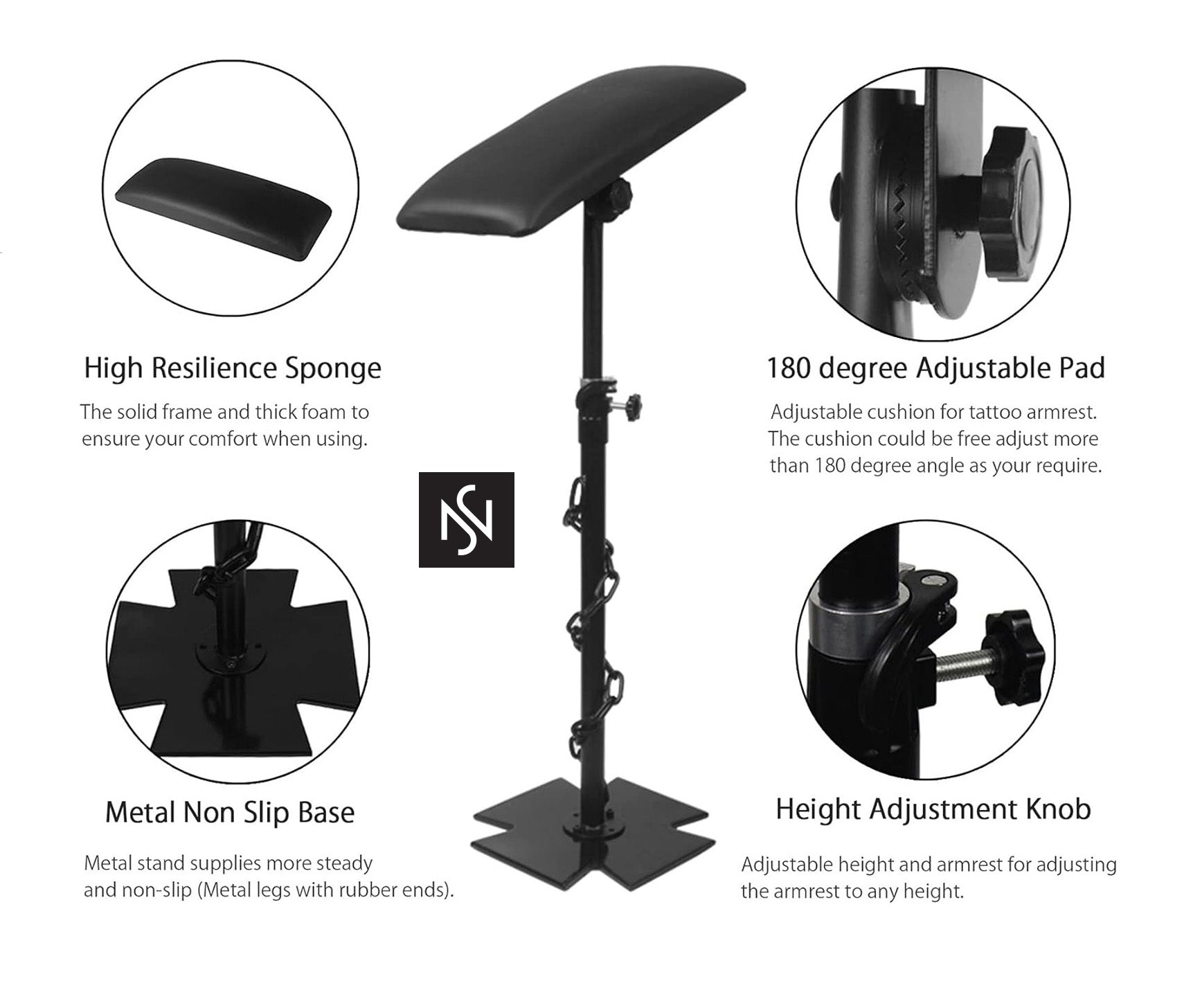 Key features of the adjustable armrest, including height adjustment and cushion dimensions.