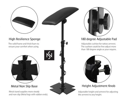 Key features of the adjustable armrest, including height adjustment and cushion dimensions.