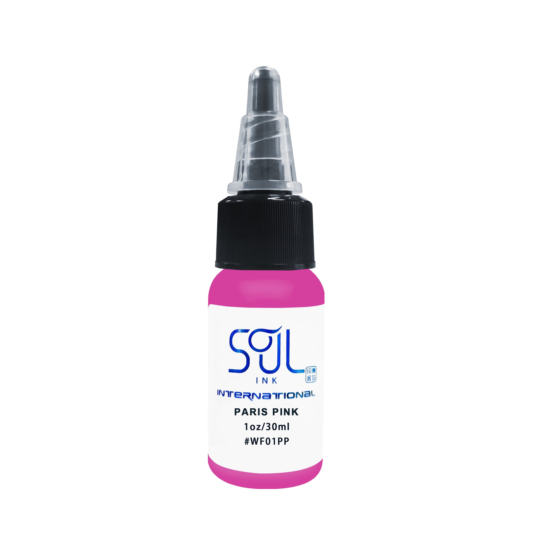 Photograph of a bottle of 'Soul Ink' brand Paris pink ink. The label prominently displays the brand name 'Soul Ink' in stylish blue typography against a white background. The Paris pink 30 ml bottle with a white label featuring the brands name 'Soul Ink'. 