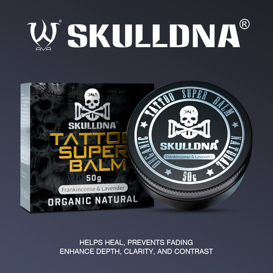 SKULLDNA Tattoo Repair Balm 50ml packaging and product image, designed to enhance tattoo clarity, depth, and contrast while soothing and moisturizing the skin with a lavender scent.