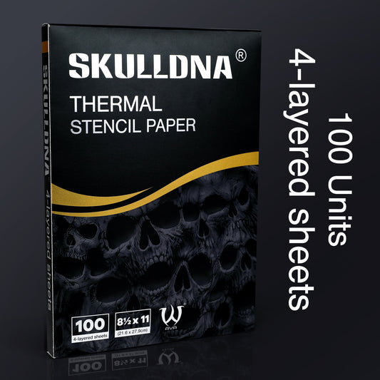 SKULLDNA Thermal Stencil Paper packaging showcasing 100 4-layered sheets for precise stencil creation, compatible with all thermal printers.