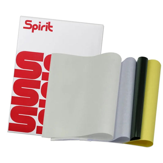 SPIRIT Traditional Thermal Transfer Paper box with detailed instructions and multi-layer stencil sheets displayed.