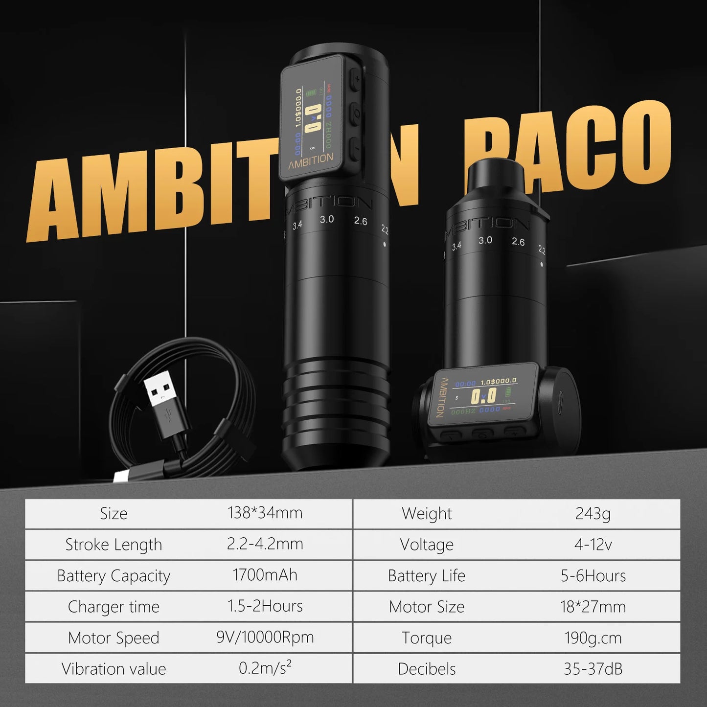 Black Ambition Paco 2025 Adjustable Stroke | новото поколение безжична машина за татуиране