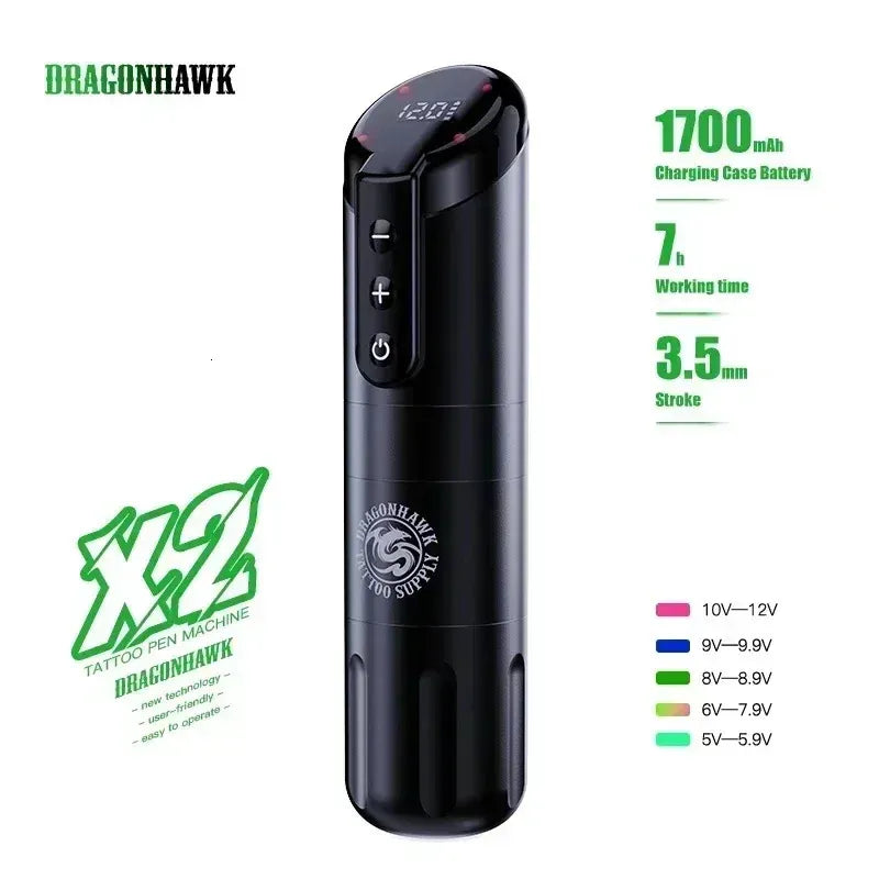 Dragonhawk X2 Wireless Tattoo Machine | Pen 35mm LED Digital Display