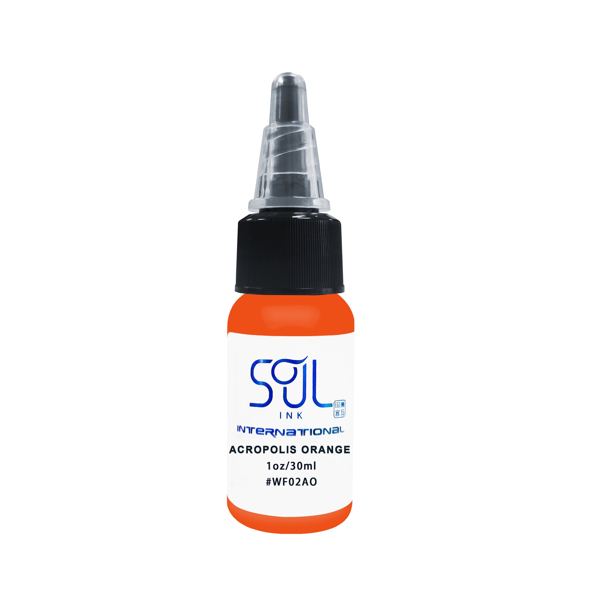 Photograph of a bottle of 'Soul Ink' brand acropolis orange ink. The label prominently displays the brand name 'Soul Ink' in stylish blue typography against a white background. The acropolis orange 30 ml bottle with a white label featuring the brands name 'Soul Ink'. 