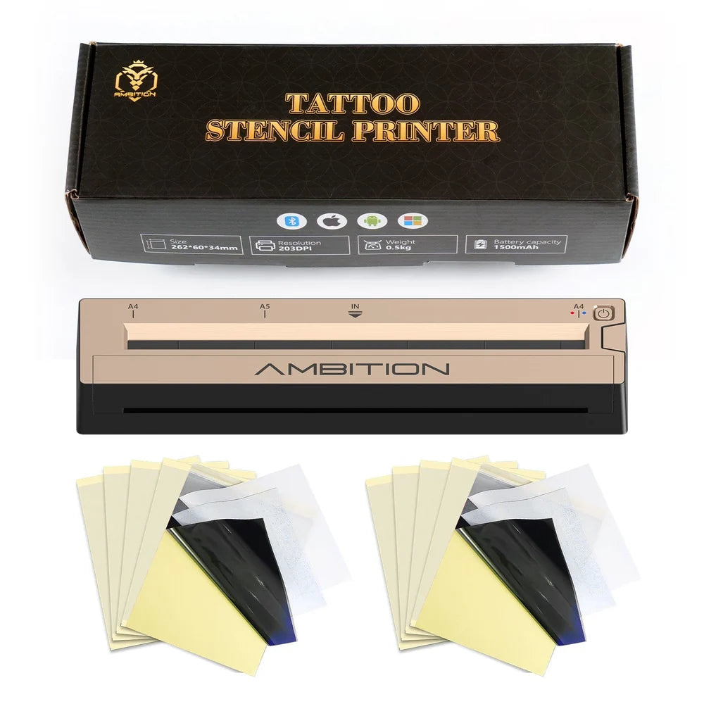 Термопринтерът за татуировки Ambition Tattoo е изключително компактен и лек (с размери само 262 x 60 x 34 мм), което позволява лесното му пренасяне навсякъде.
