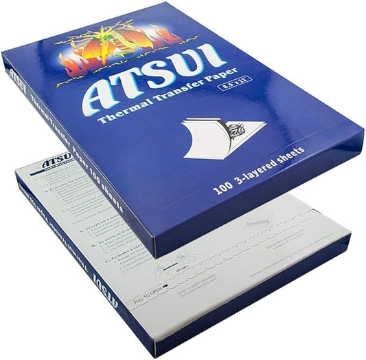 Image of ATSUI Thermal Transfer Paper box, showing 100 sheets of 3-layered stencil paper for thermal printers, designed for professional tattoo use.