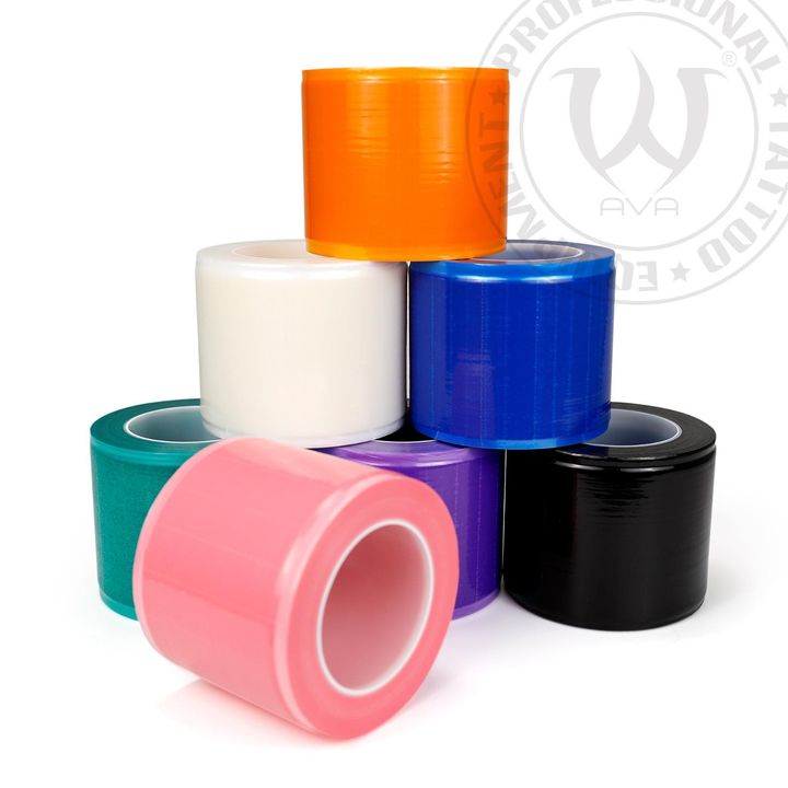 Image of disposable protective film in assorted colors. Six rolls in pink, green, orange, white, purple, and blue, arranged in two rows.