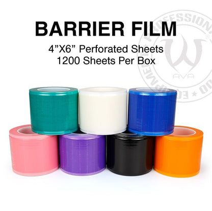 Image of disposable protective film in assorted colors. Six rolls in pink, green, orange, white, purple, and blue, arranged in two rows. 1200 sheets per box. 4"X6" perforated sheets.
