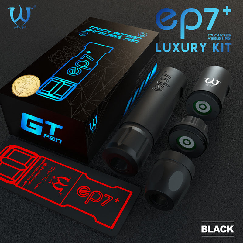 AVA GT Wireless Pen EP7+ Luxury Kit showcasing the black pen, interchangeable components, and gift box packaging.