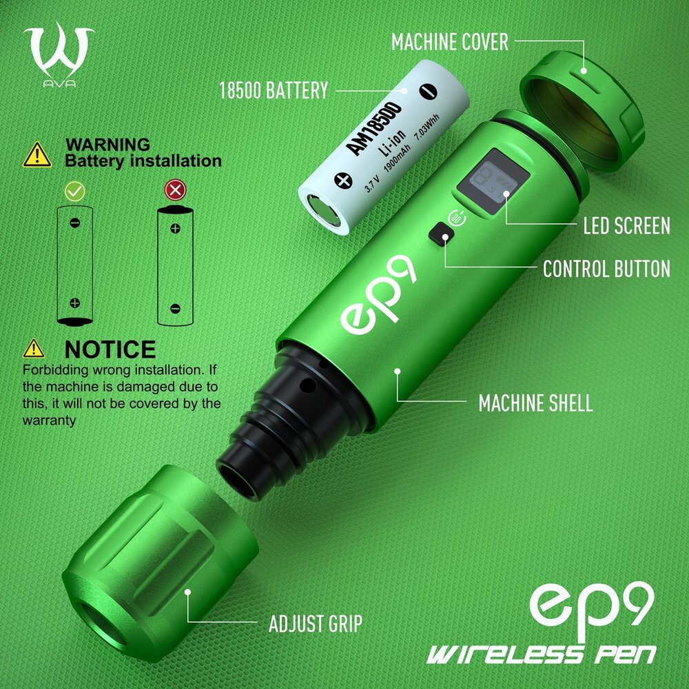 Detailed breakdown of AVA GT Wireless Pen EP9, including battery, grip, and LED screen.