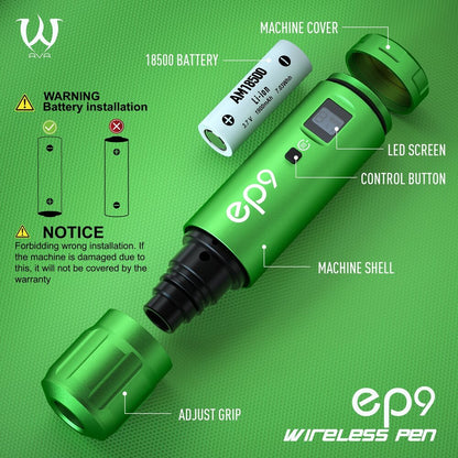 Detailed breakdown of AVA GT Wireless Pen EP9, including battery, grip, and LED screen.