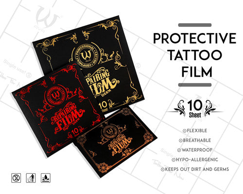 AVA Repairing Film Protective Tattoo Film - 10 sheets of breathable, flexible, waterproof, and hypoallergenic tattoo protection film designed to keep dirt and germs away while promoting healing.