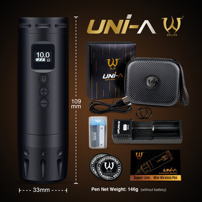 Detailed dimensions and components of the AVA Short Wireless Pen UNI-A, highlighting its compact size and features.