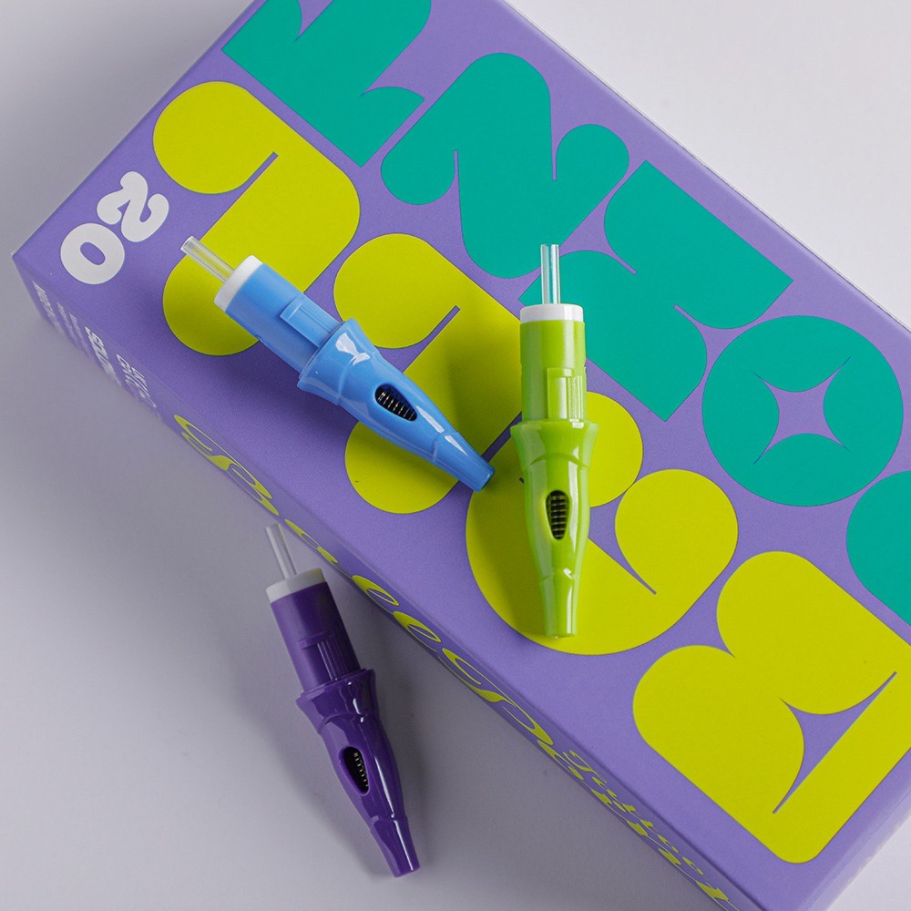 Ball Point Cartridge Pens box with green, blue, and purple pens displayed on top.