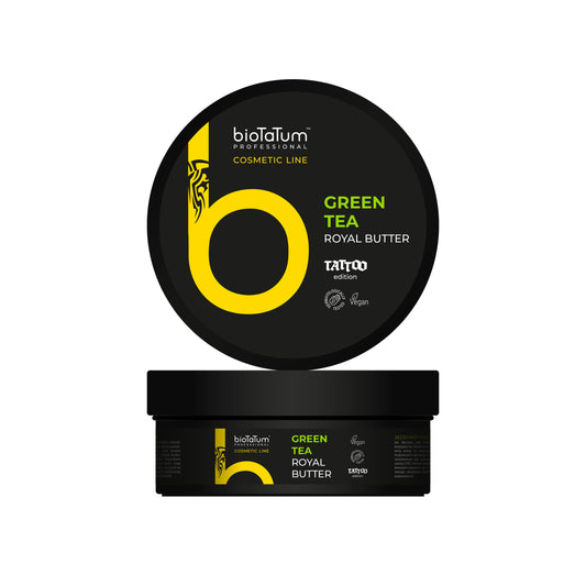 BioTaTum Royal Butter with Green Tea, a natural tattoo and skincare product in a 250ml container.