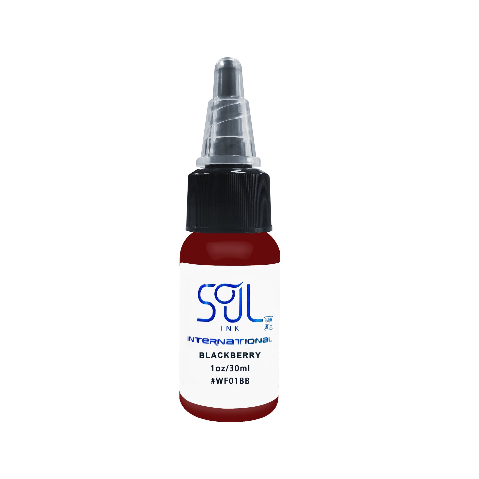 Photograph of a bottle of 'Soul Ink' brand Blackberry ink. The label prominently displays the brand name 'Soul Ink' in stylish blue typography against a white background. The Blackberry 30 ml bottle with a white label featuring the brands name 'Soul Ink'. 