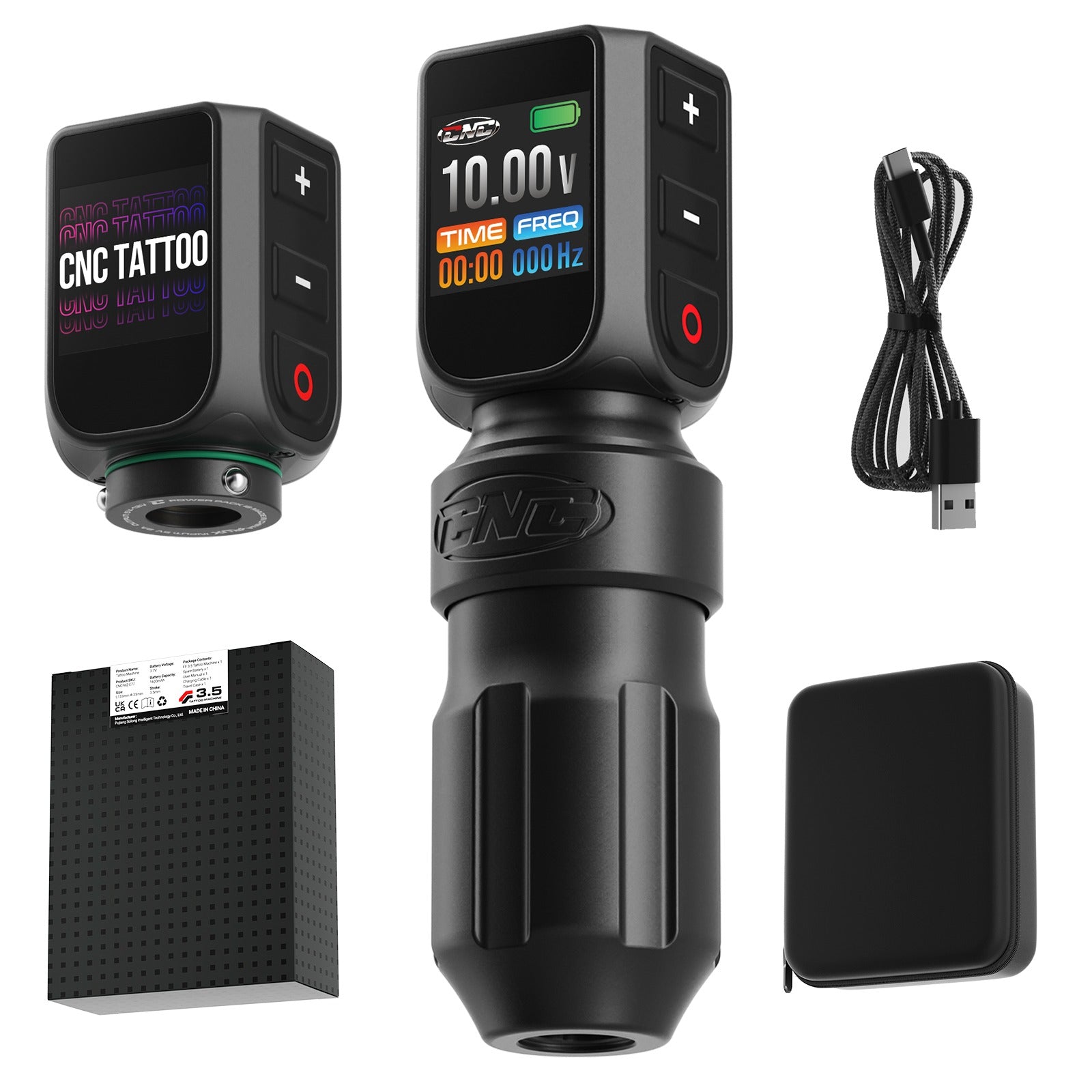 Close-up of CNC PRO tattoo machine highlighting the ergonomic grip and OLED color display.