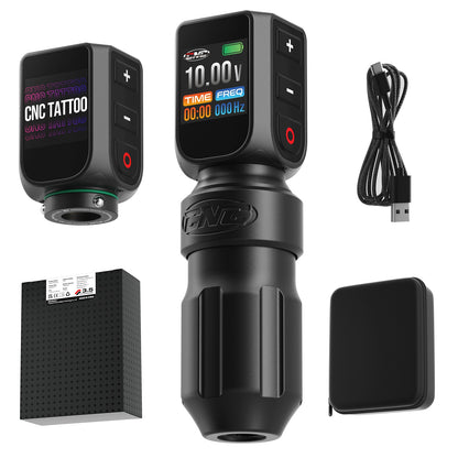 Close-up of CNC PRO tattoo machine highlighting the ergonomic grip and OLED color display.