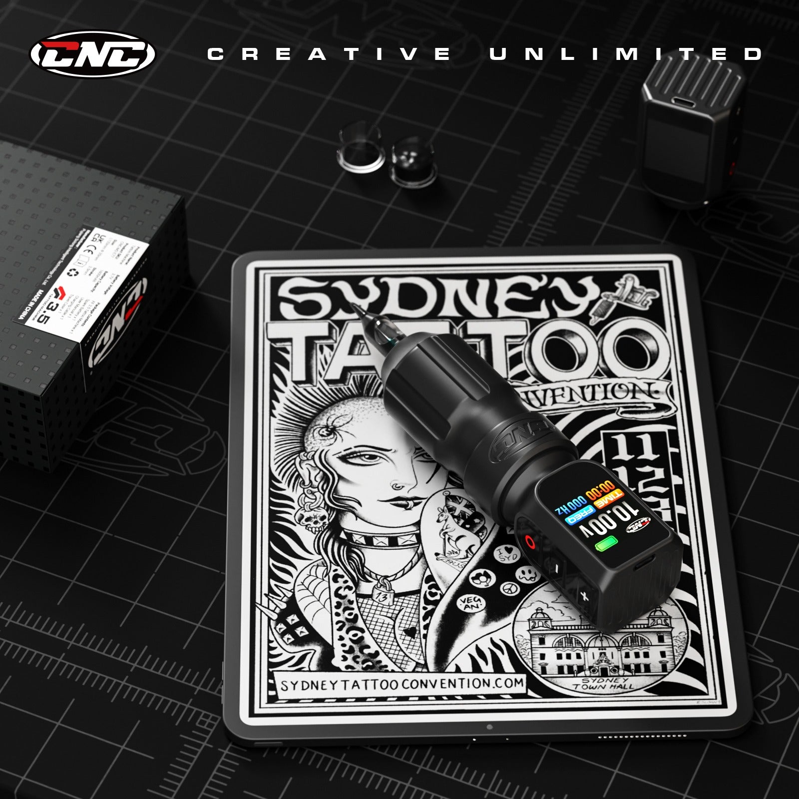 CNC PRO tattoo machine showcased in a professional setting with modern tattoo accessories.