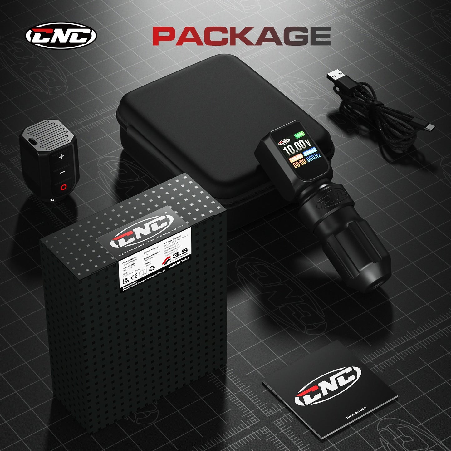 CNC PRO tattoo machine kit including the device, two batteries, USB Type-C charging cable, and a protective carrying case.