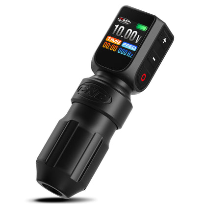 CNC PRO tattoo machine featuring a bright 1.3-inch OLED color display showing voltage, frequency, and timer.