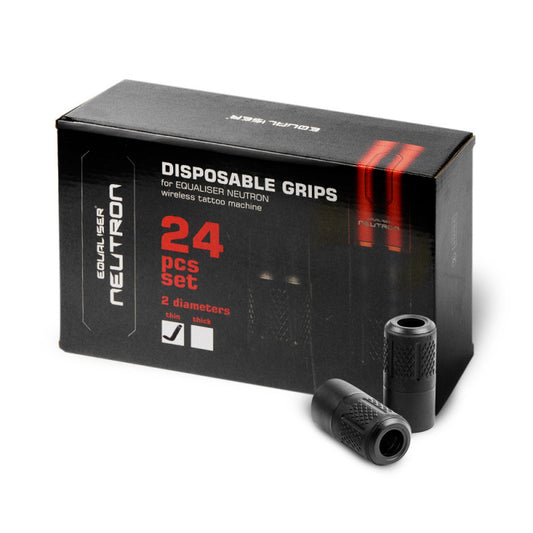 Front view of the EQUALISER Neutron disposable grips packaging, featuring 24 pieces in thin and thick diameters.