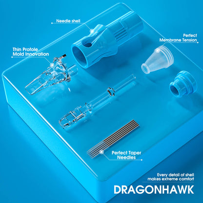 A close-up photograph showcasing a light blue Magnum cartridge by Dragonhawk. The detailed image highlights the precision and quality of the cartridge, ideal for professional tattooing applications.