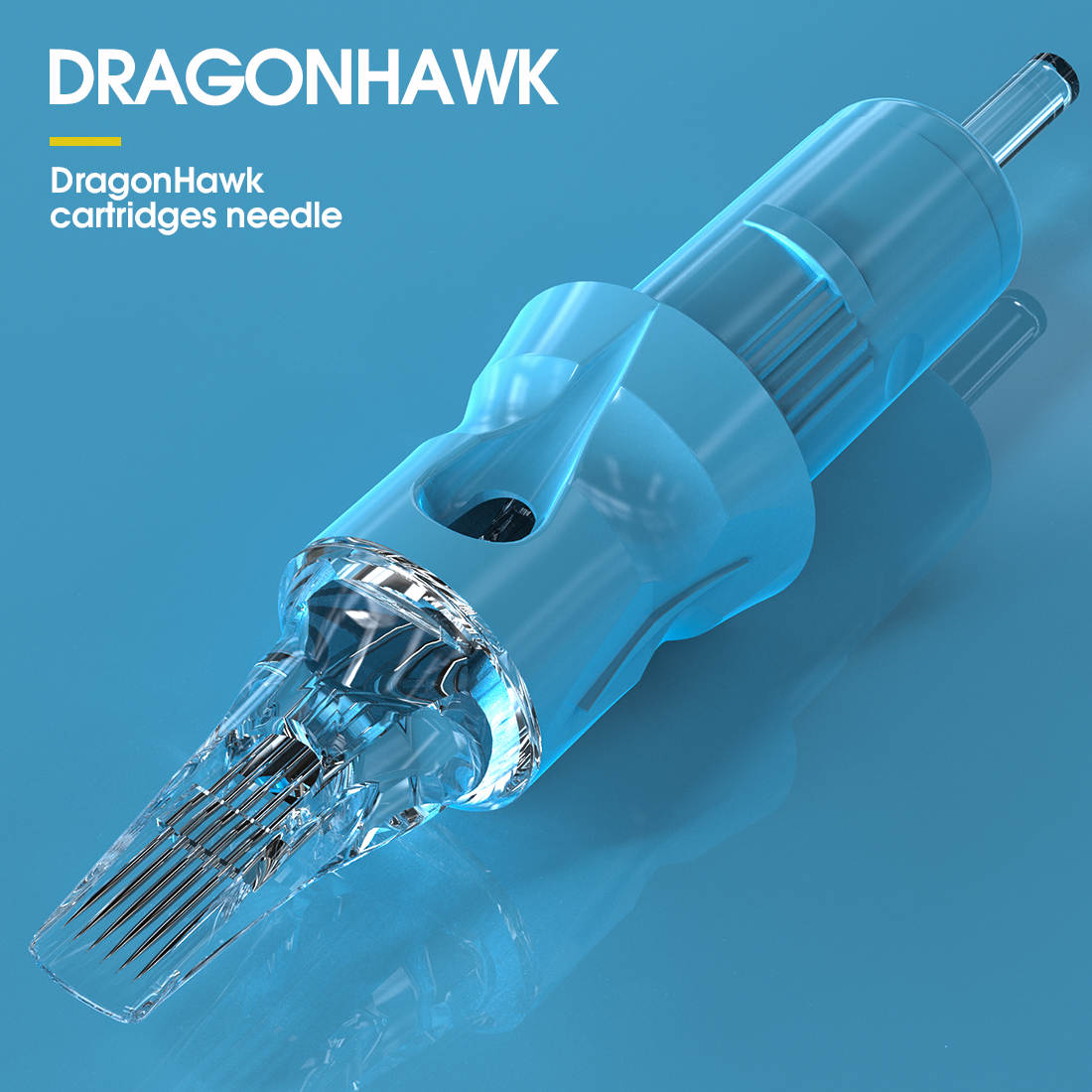 A close-up photograph showcasing a light blue Magnum cartridge by Dragonhawk. The detailed image highlights the precision and quality of the cartridge, ideal for professional tattooing applications.